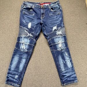 PERRUZO Jeans Mens 38x30 Distressed Moto Ribbed Knee Zip‎ Pocket Blue Faded Wash